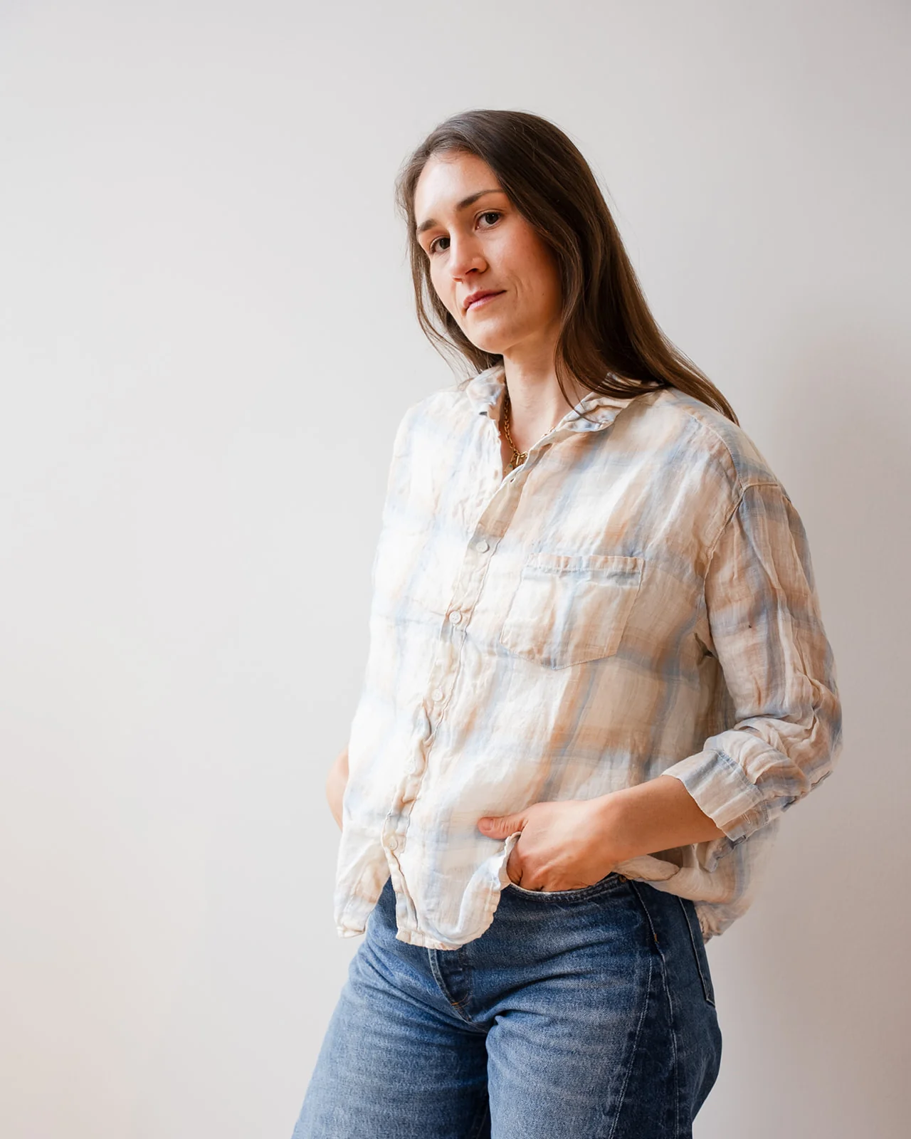 Aven 3/4 Sleeve Top in White, Blue, & Wheat Linen Plaid - Image 2