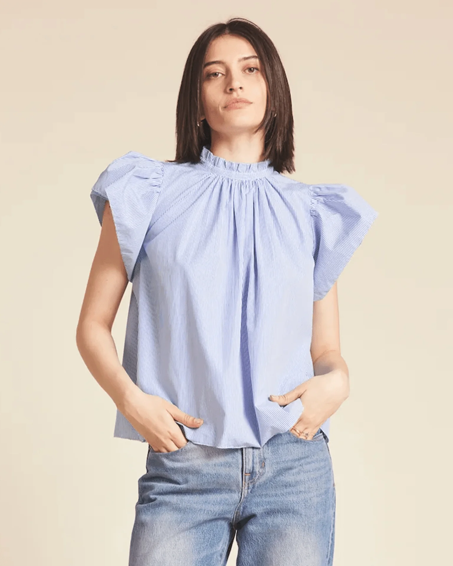 Carla Highneck Shirt in Blue/White Stripe