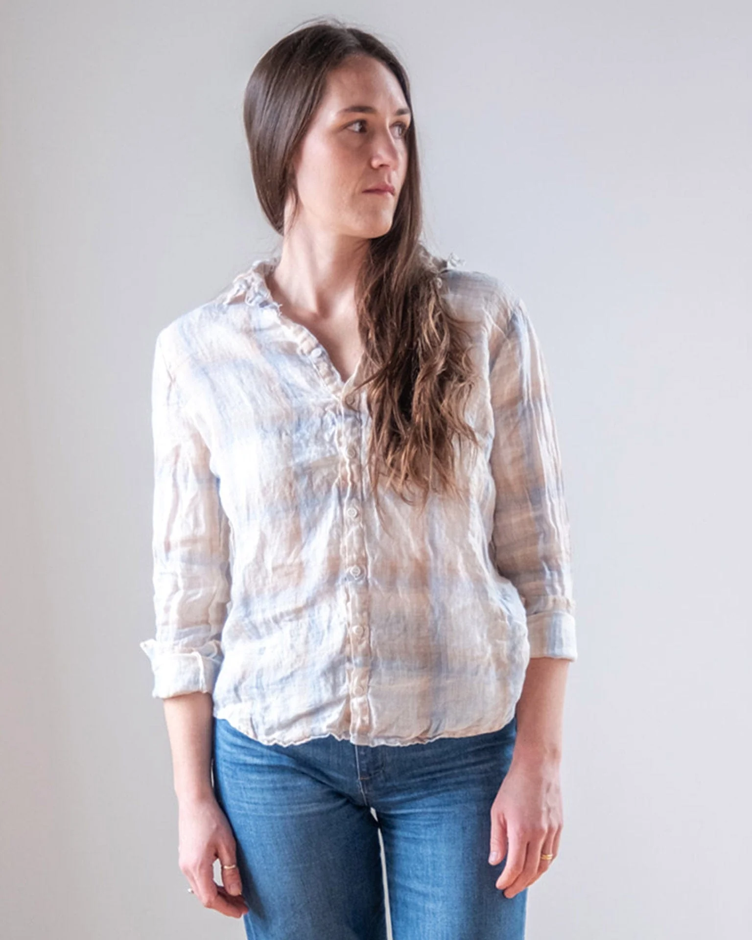 Dorie Top in White, Blue, & Wheat Linen Plaid