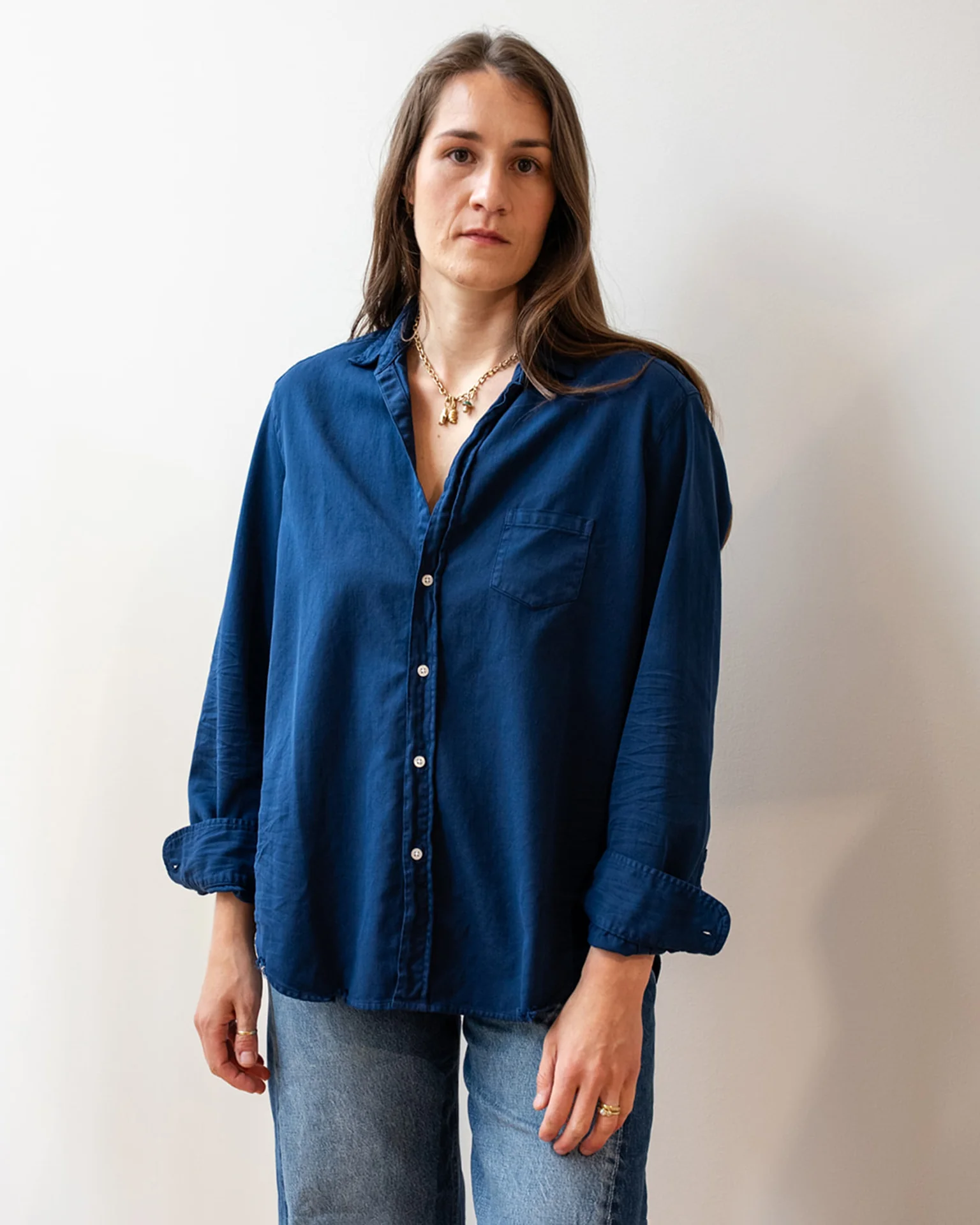 Eileen Relaxed Button-Up Denim Shirt in Washed Navy