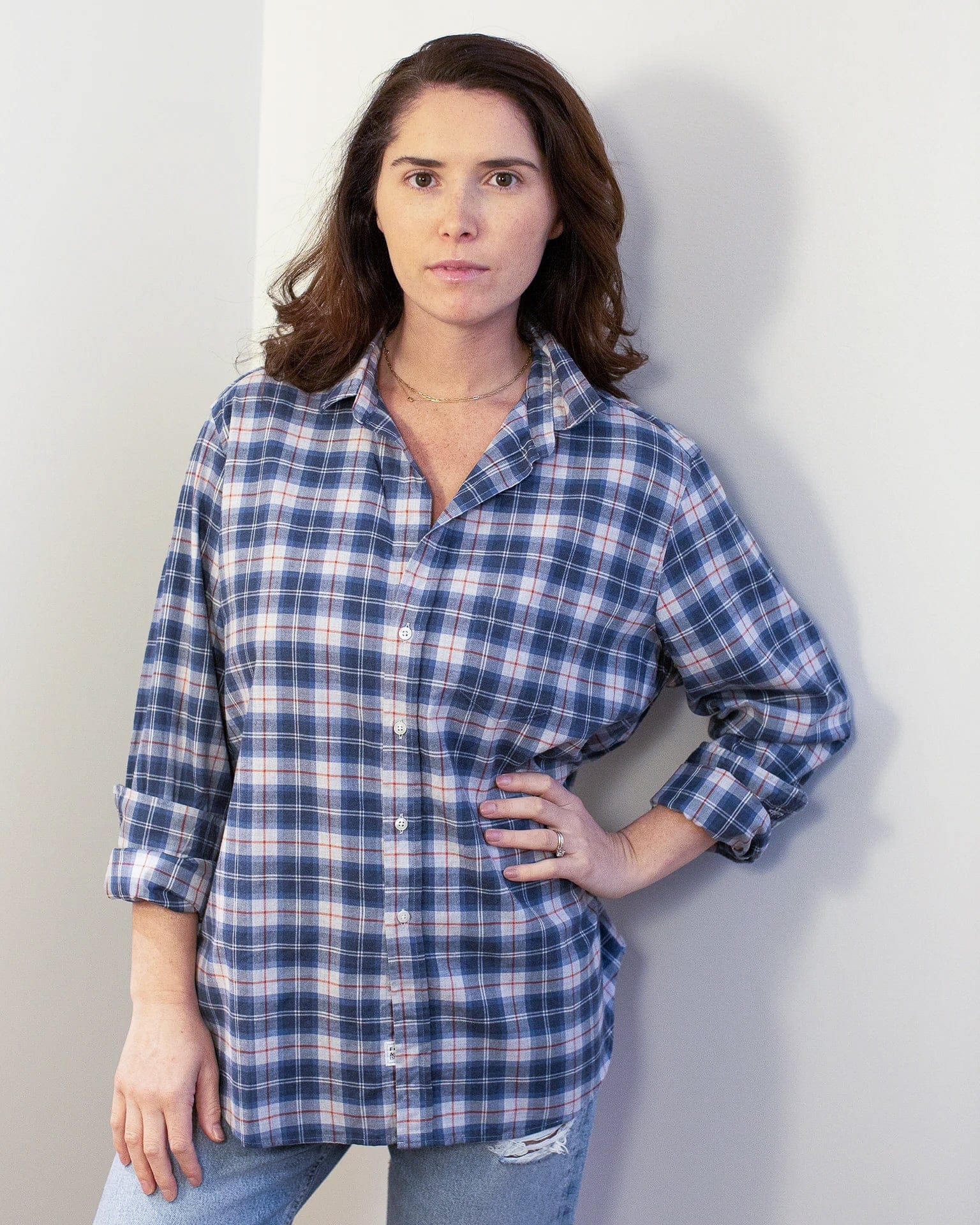 Eileen Relaxed Button Up Shirt in Grey & Red Plaid