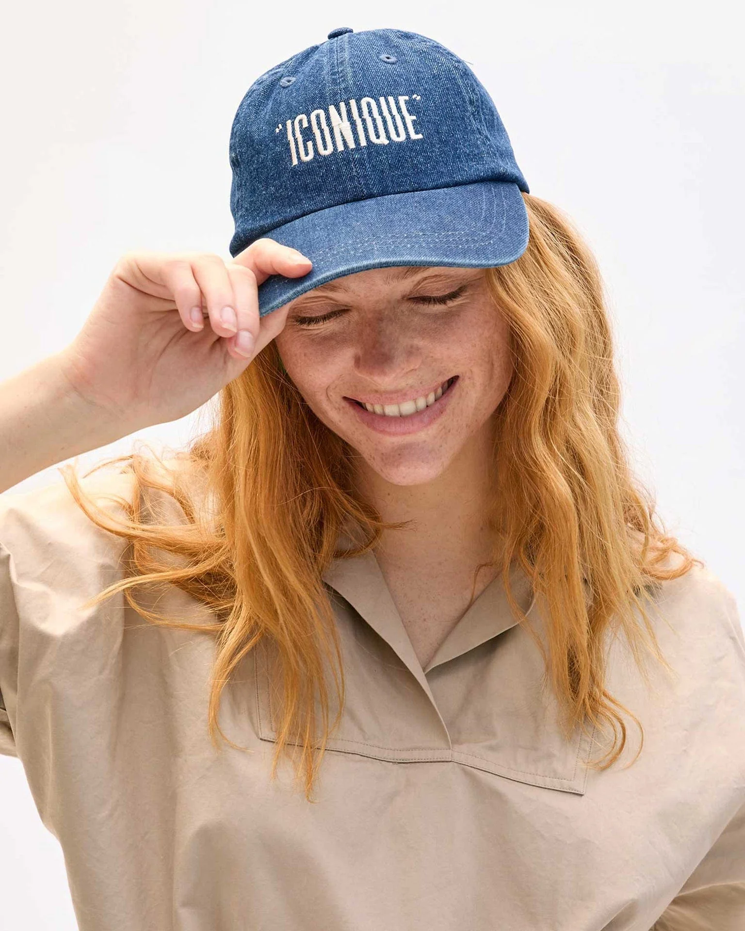 Emb "Iconique" Baseball Hat in Navy Denim w/ Cream - Image 2