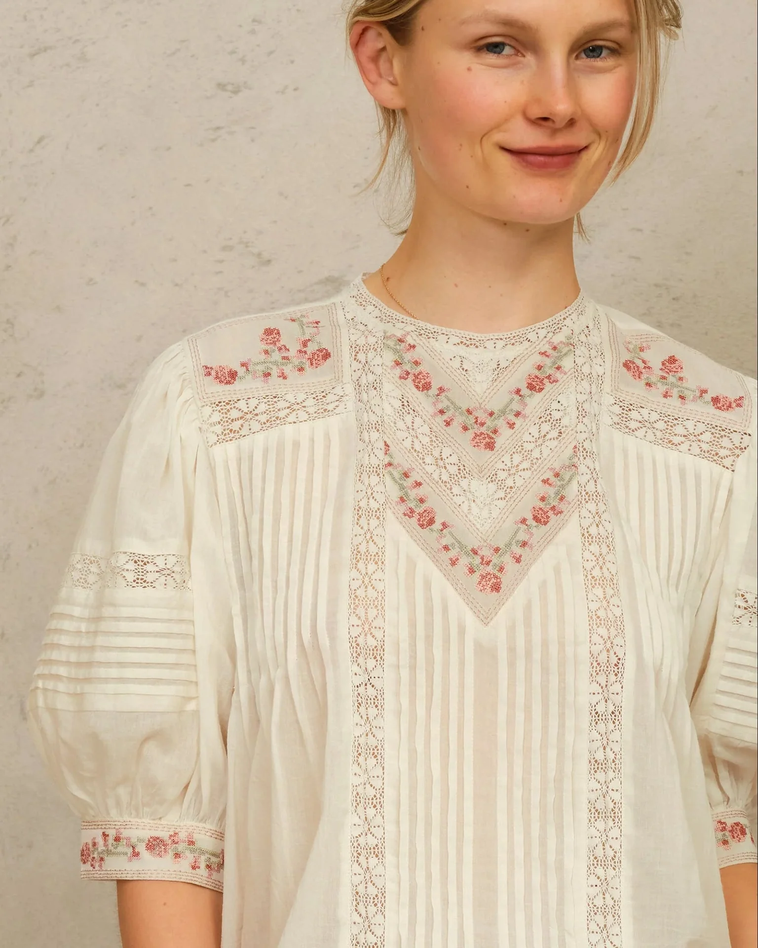 Fleur Emb S/S Top in Ecru/Multi - Image 2
