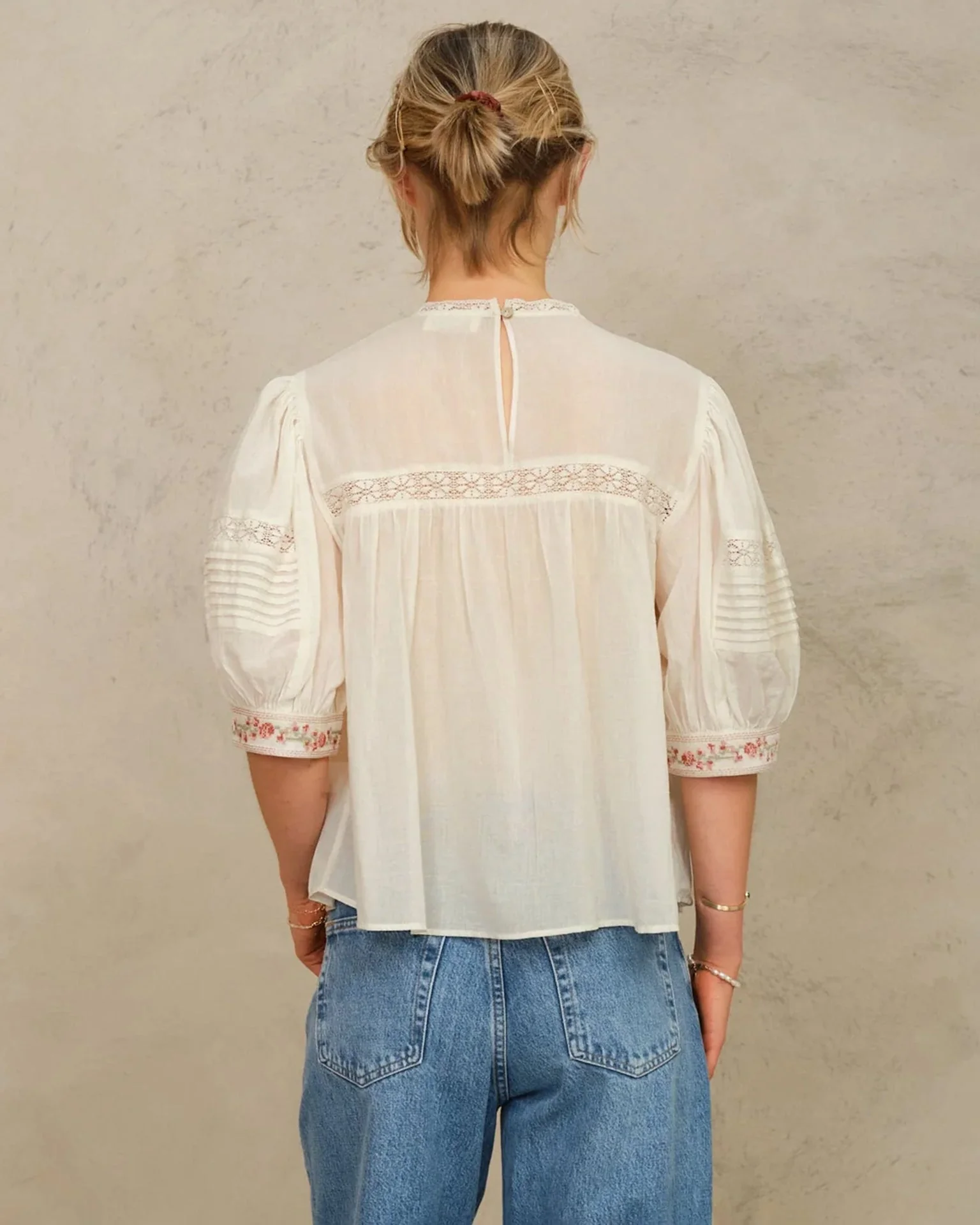 Fleur Emb S/S Top in Ecru/Multi - Image 3