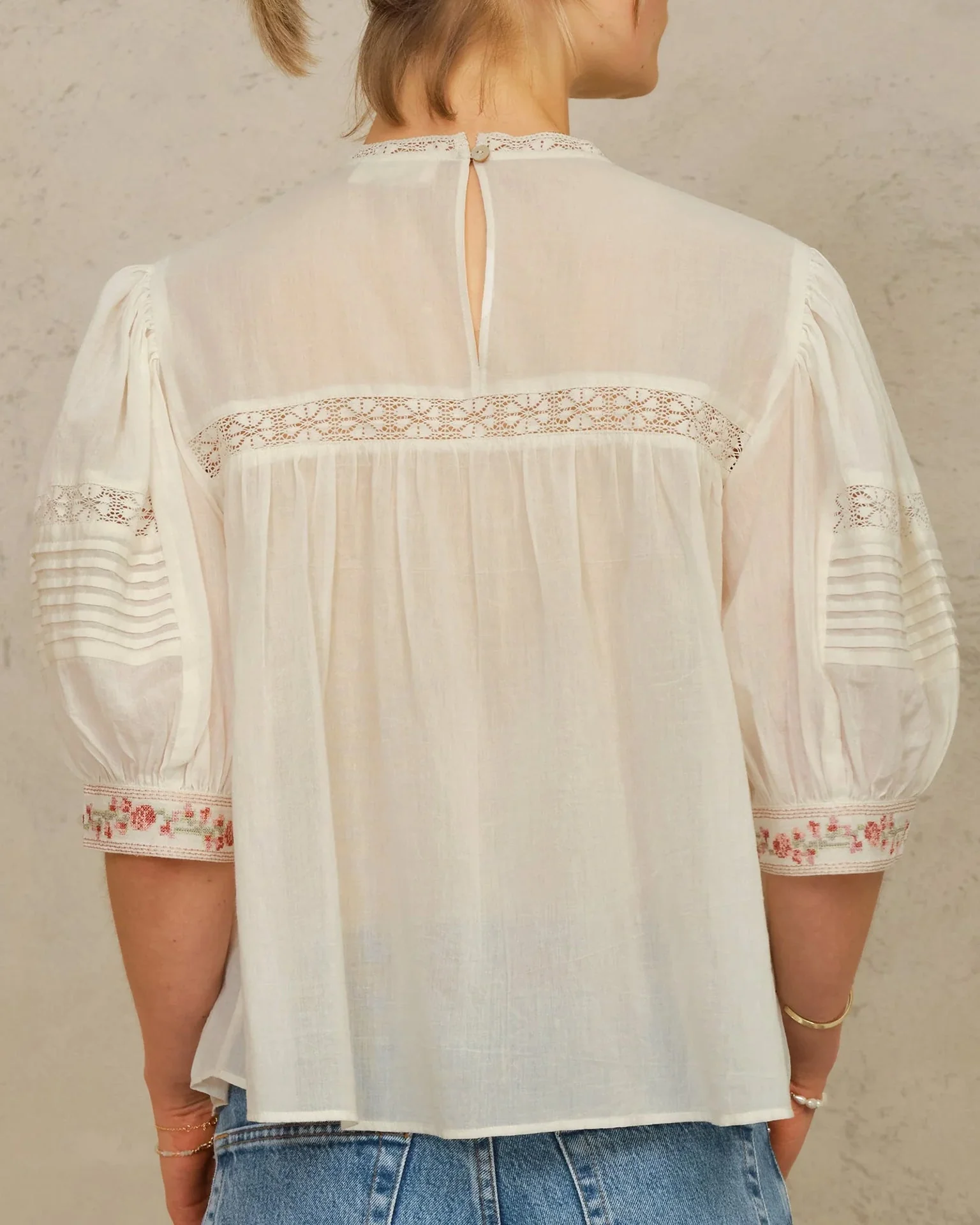 Fleur Emb S/S Top in Ecru/Multi - Image 4