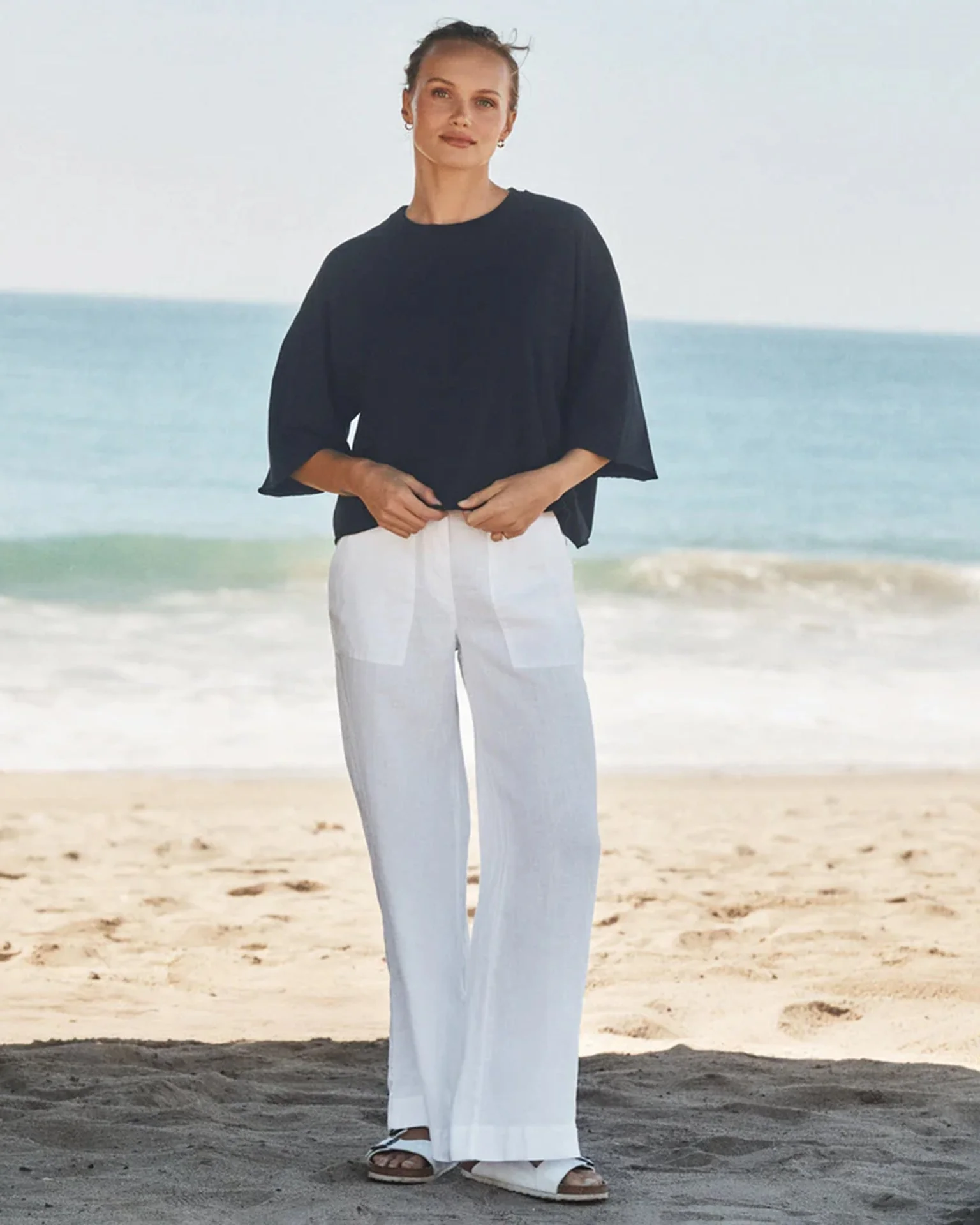 Madeline Patch Pocket Pull on Washed Linen Pant in White - Image 2
