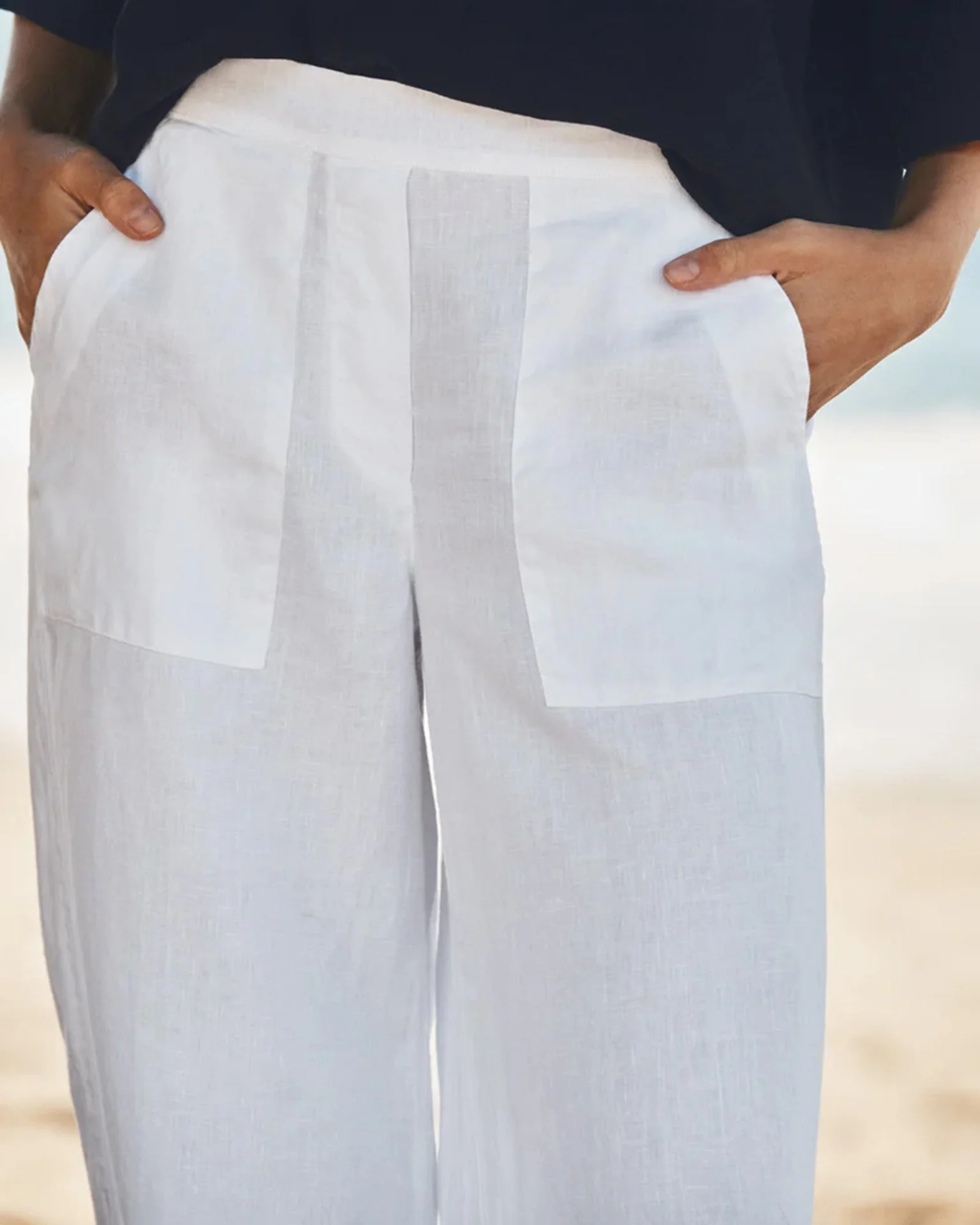 Madeline Patch Pocket Pull on Washed Linen Pant in White - Image 3