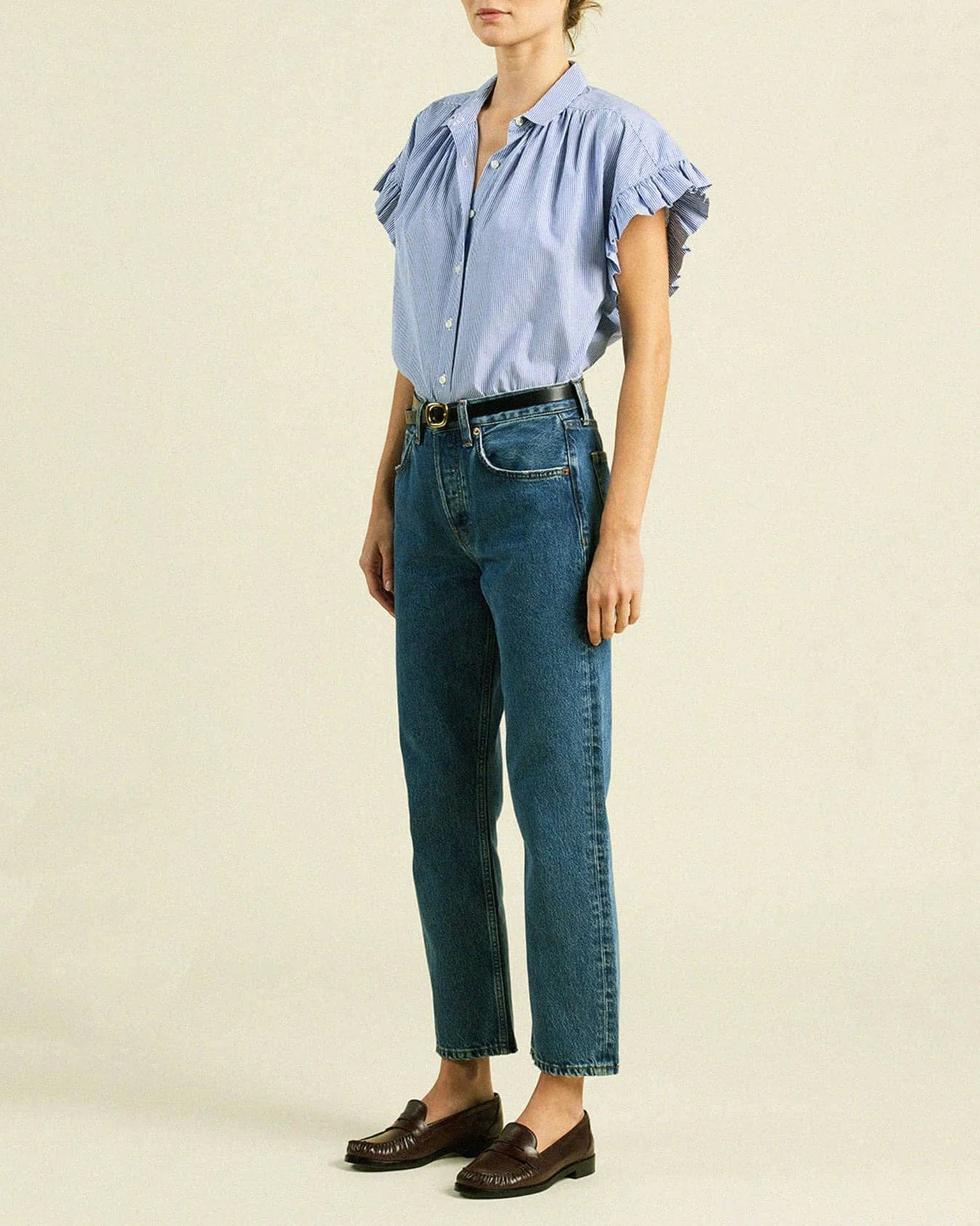 Marianne B Ruffle Slv Shirt in Blue/White Stripe - Image 2