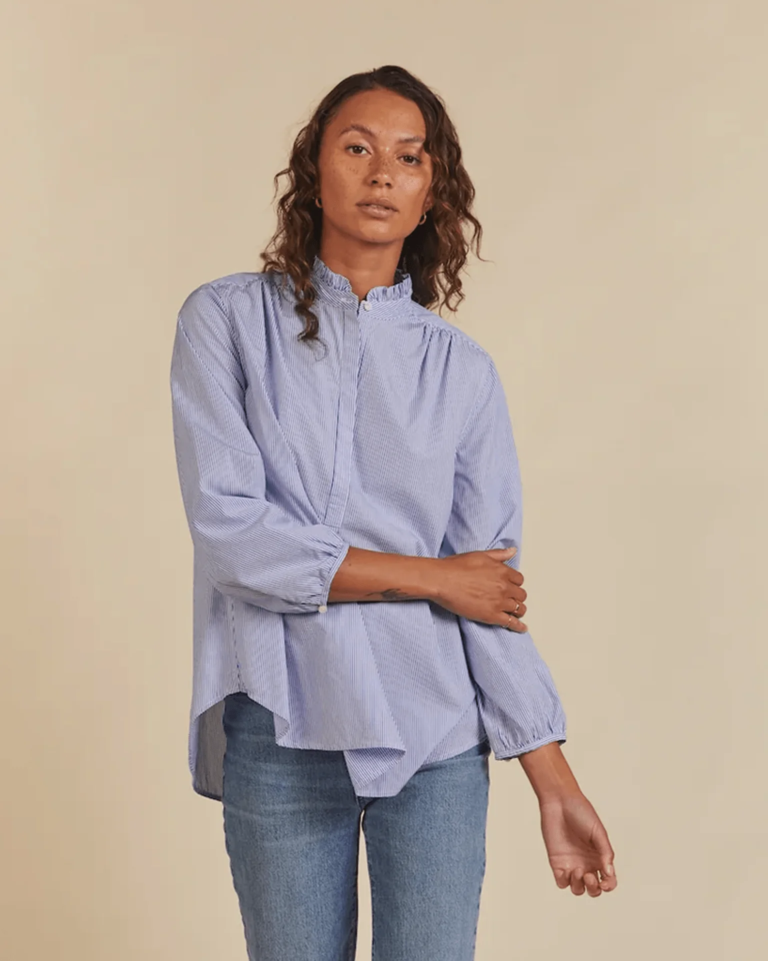 Sara B Henley Shirt in Blue/White Stripe - Image 2