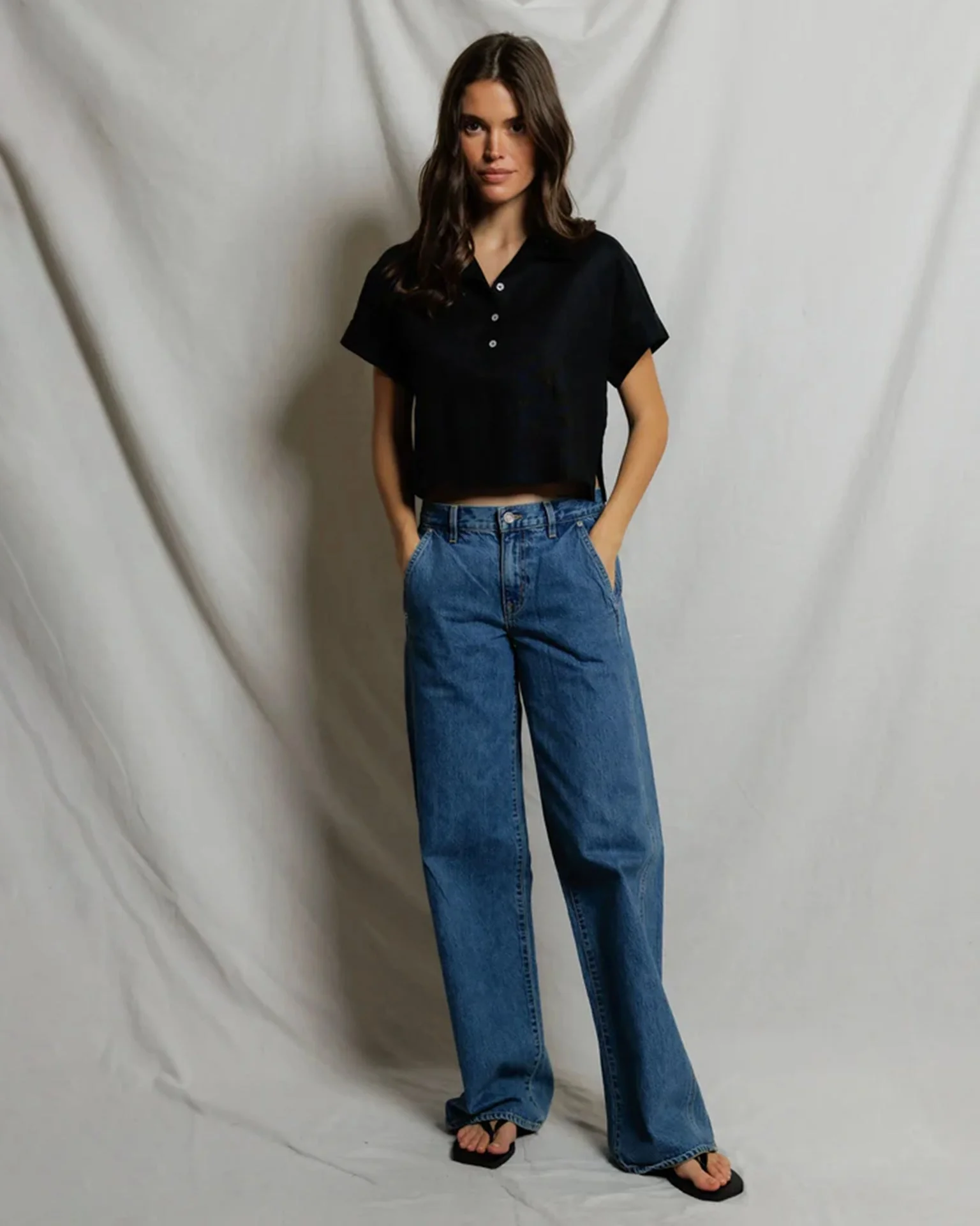 Tabitha - Linen 1/4 Button Down Collared Tee in True Black - Image 2
