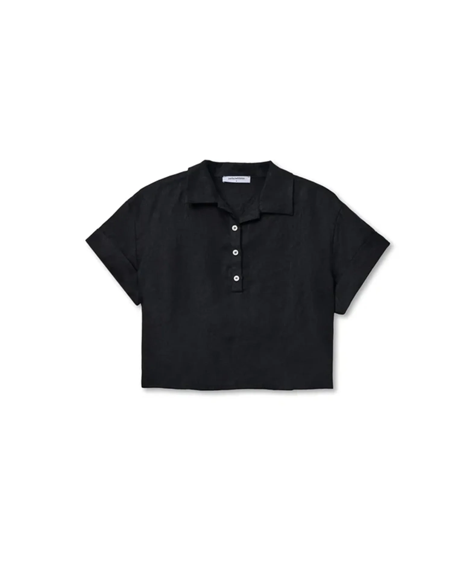Tabitha - Linen 1/4 Button Down Collared Tee in True Black - Image 6