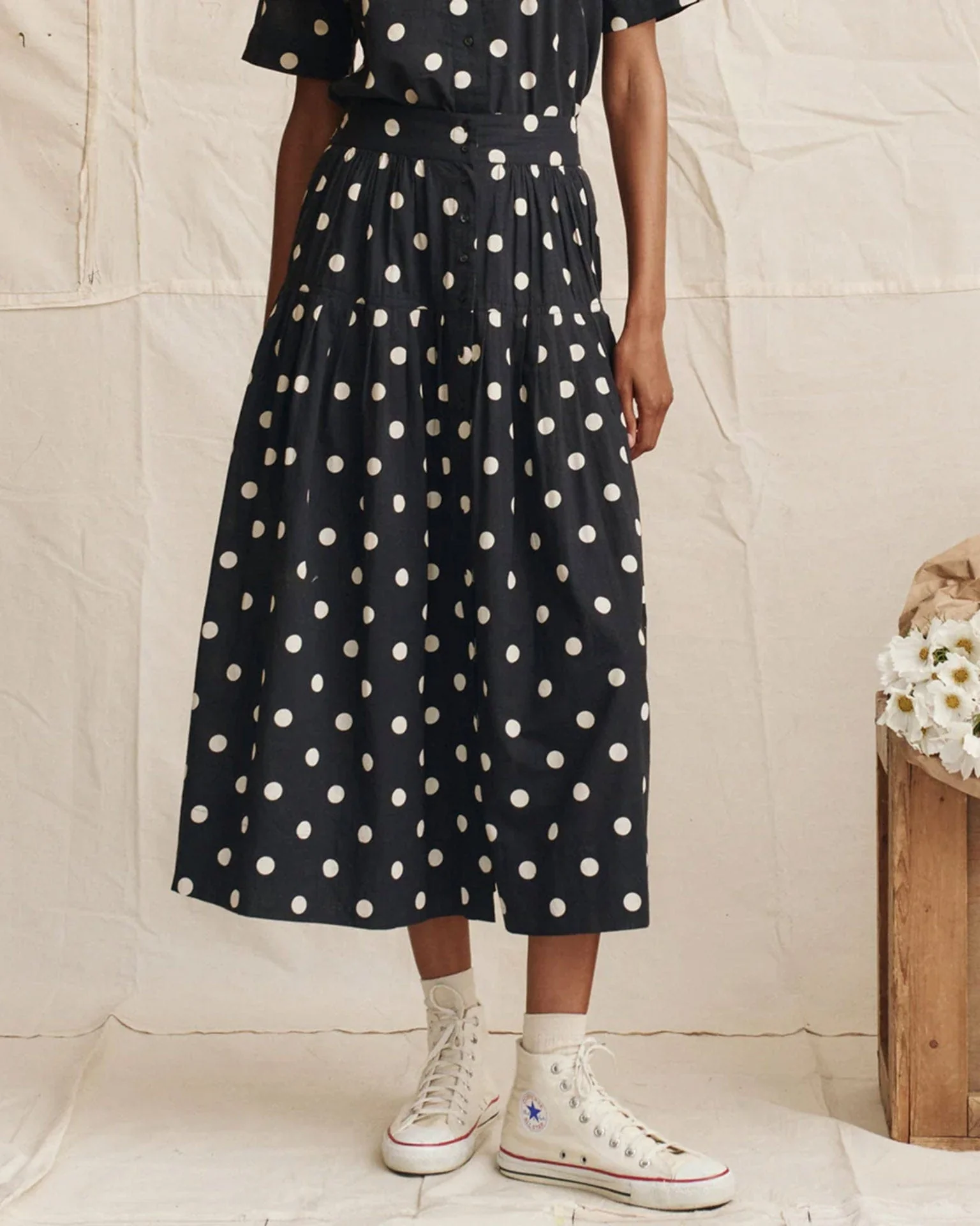 The Highland Skirt in Navy w/ Cream Polka Dots