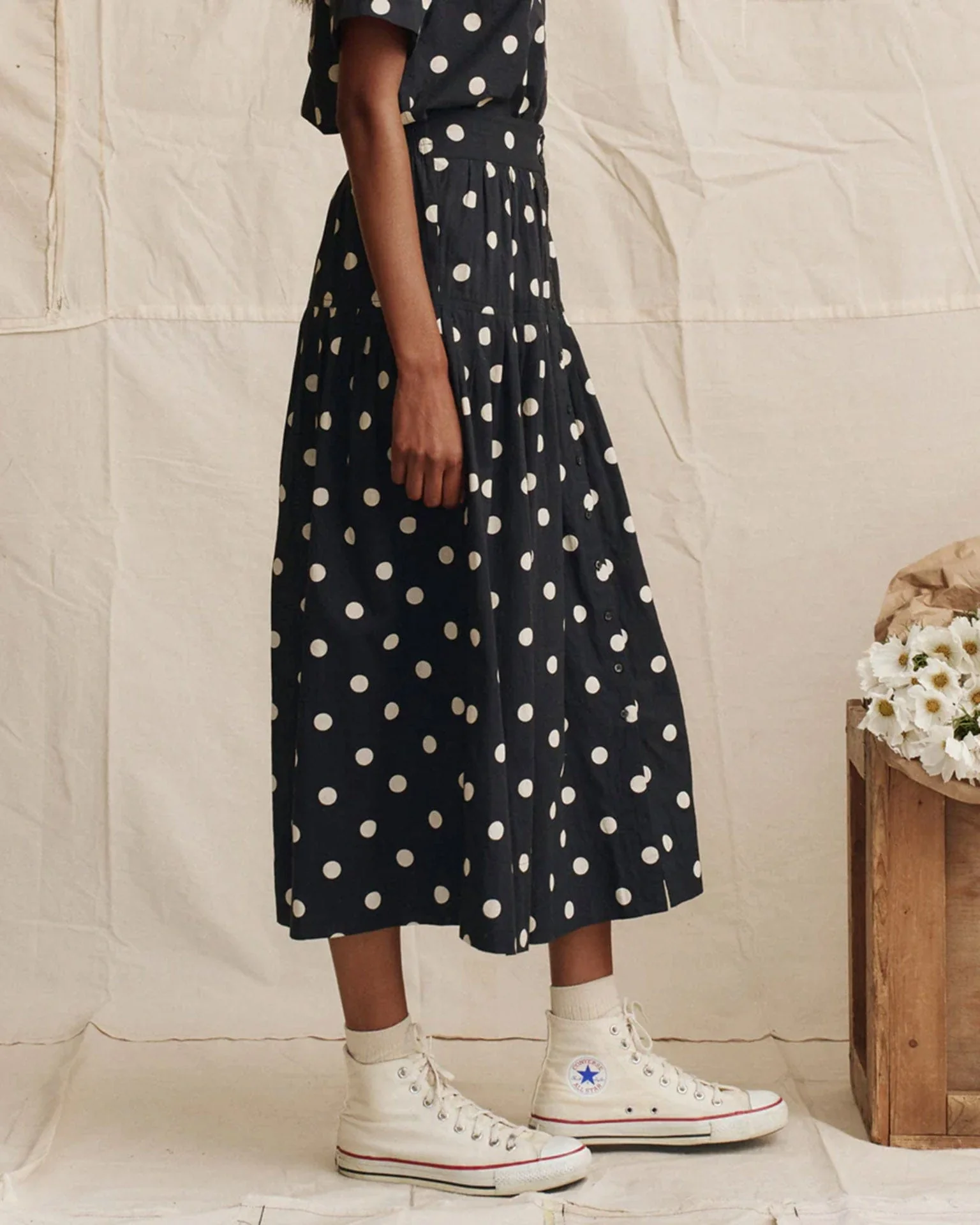 The Highland Skirt in Navy w/ Cream Polka Dots - Image 2