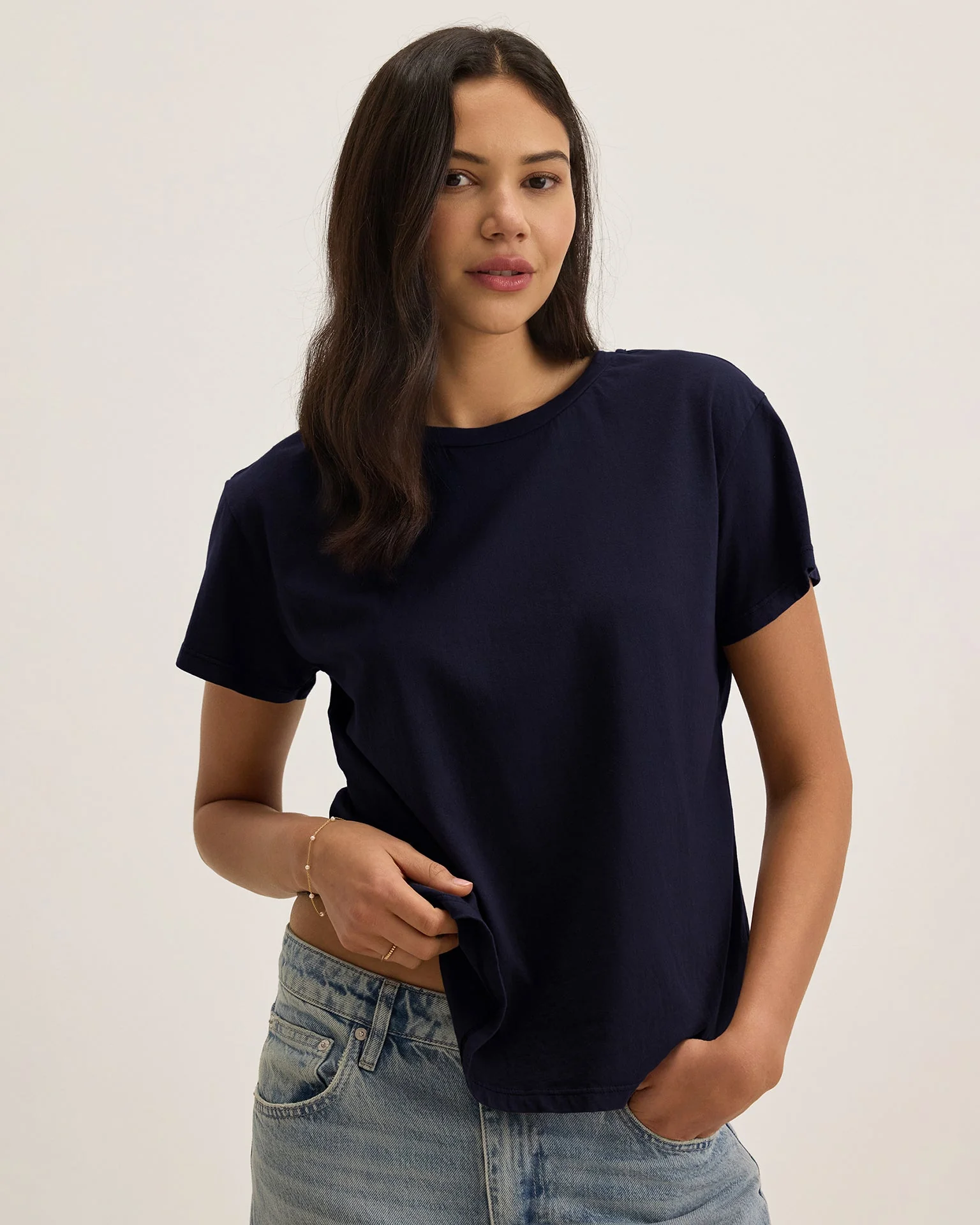 Tia Short Sleeve Crew Neck Top In Navy