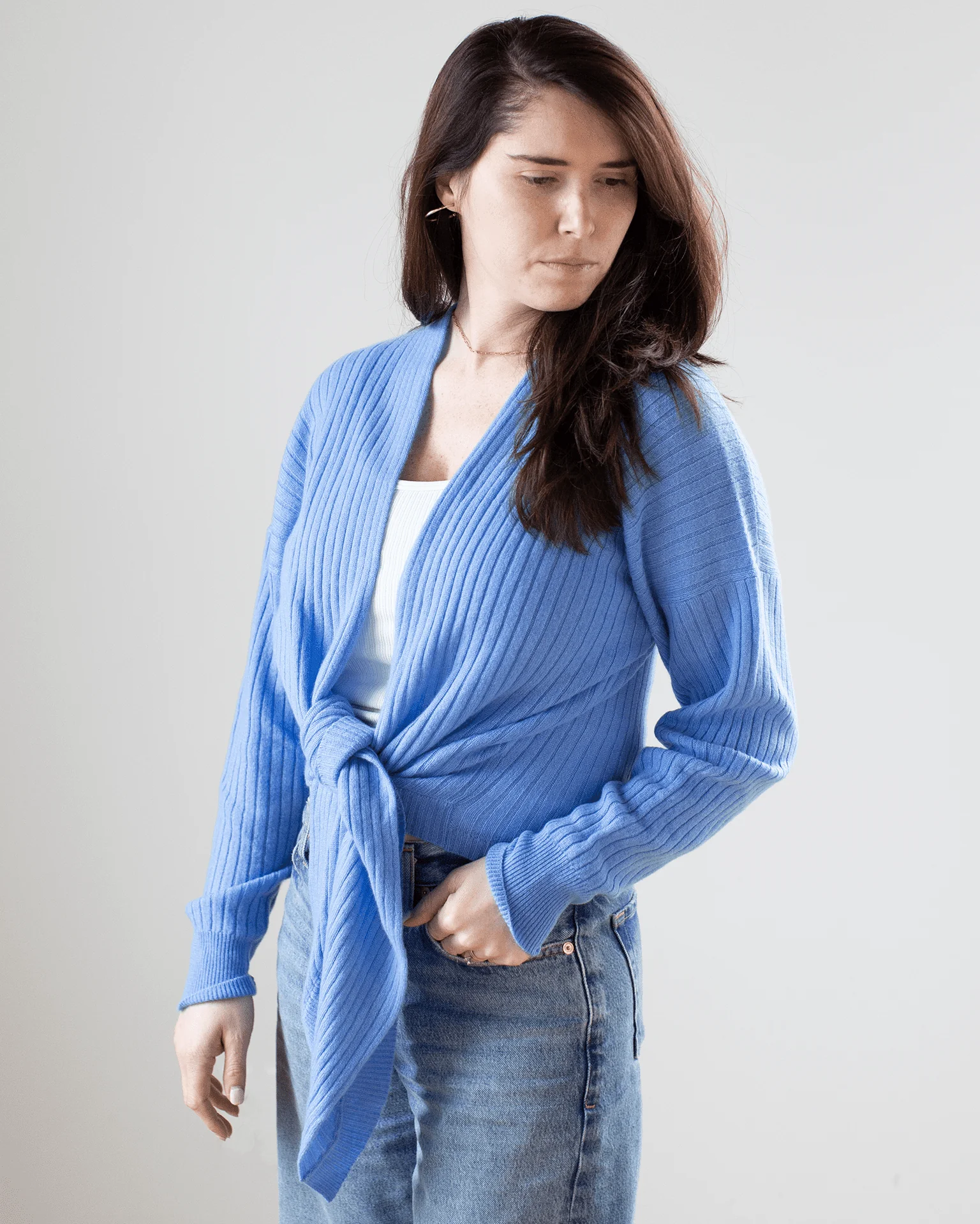 Tie Front Rib Cardigan in Cielo - Image 3